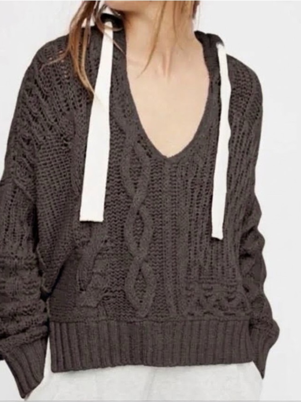 Elan Charcoal Chunky Cable Knit Hooded Sweater M Boho Oversized Fisherman Grunge